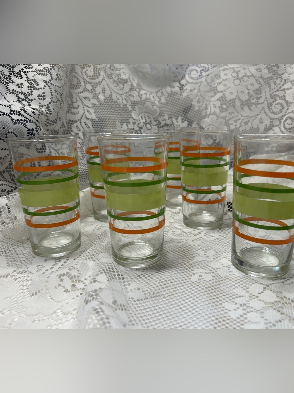 Vintage Retro Libby Orange & Lime Striped Set of 6 Tumblers Highball Glasses